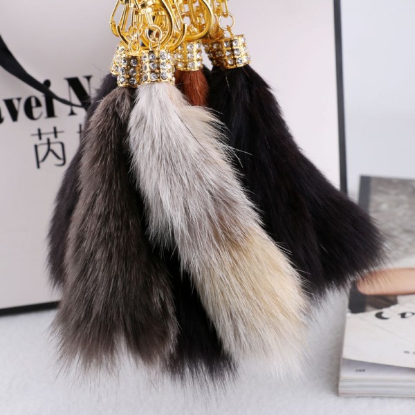Fluffy Fox Fur Tail with Artificial Pearl Rhinestone Keychain