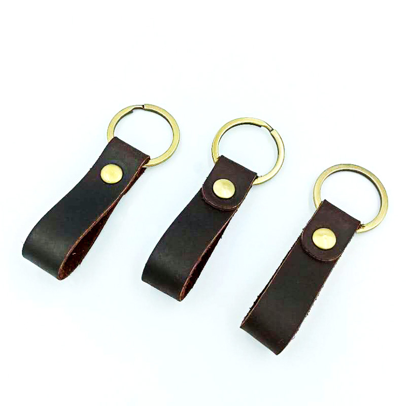 Retro Cowhide Leather and Brass Loop Key Ring Fob Belt Car Keychain 3 Colors 